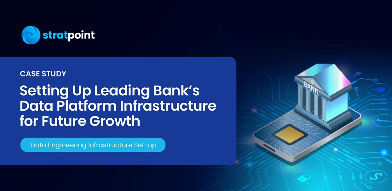 Stratpoint case study thumbnail featuring a digital illustration of a bank building on a smartphone, surrounded by connected circuit lines, representing data engineering infrastructure and digital banking transformation.