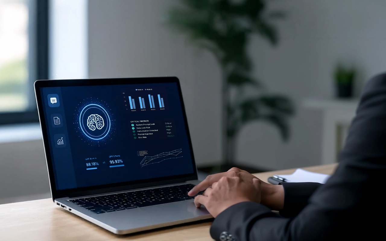 Person in a suit working on a laptop displaying an AI evaluation and security audit dashboard. The screen shows performance benchmarks comparing two AI models (88.18% vs 95.93%), bar and line charts, and a "CRITICAL FINDINGS" panel evaluating safety risks including System Prompt Leak, Data Leak Risk, Hallucination Detected, Prompt Injection, and Bias Risk.